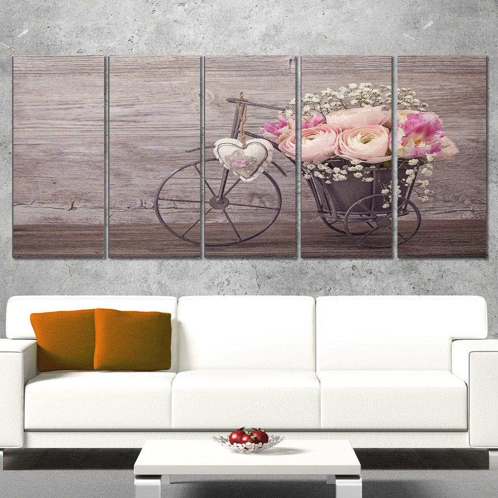 Ranunculus Flowers in Bicycle Vase, Floral Canvas Print, 60"x28", 5 Panels