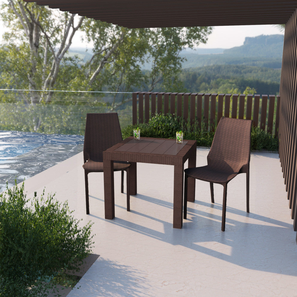 LeisureMod Kent Weave Design 3-Piece Outdoor Patio Dining Set, Brown
