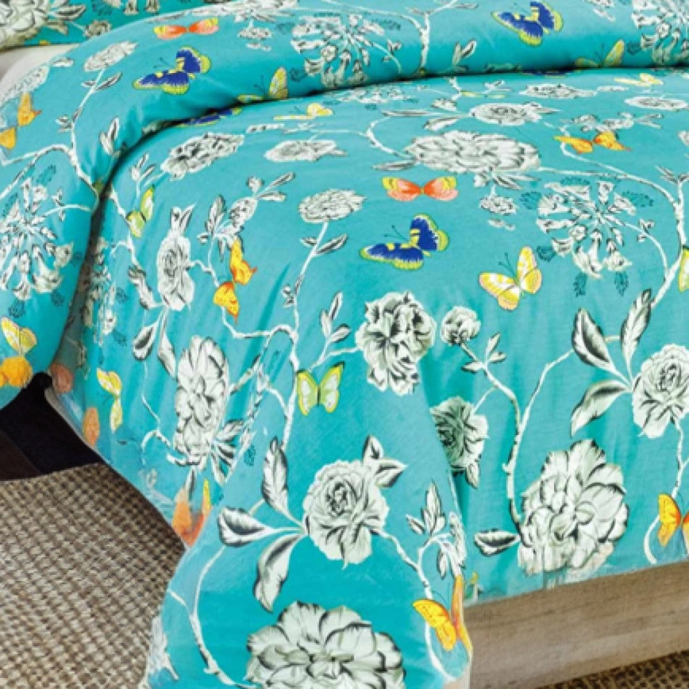 Tache Cotton Butterfly Wonderland Foral Colorful Cotton Blue Duvet Set, Queen