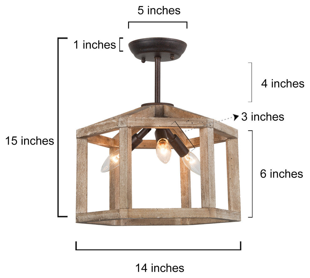 LNC Farmhouse 3-Light Bronze Drum Wood Semi-Flush Mount Chandelier