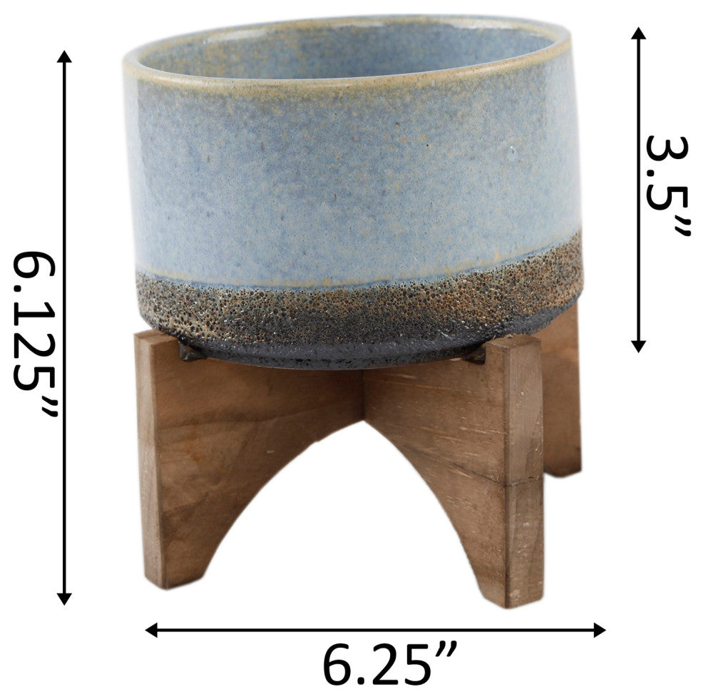 5.1" Opening Lava Ceramic On Wood Stand, Blue