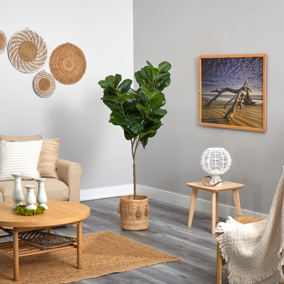 6' Fiddle Leaf Fig Artificial Tree in Handmade Natural Jute Planter With Tassels