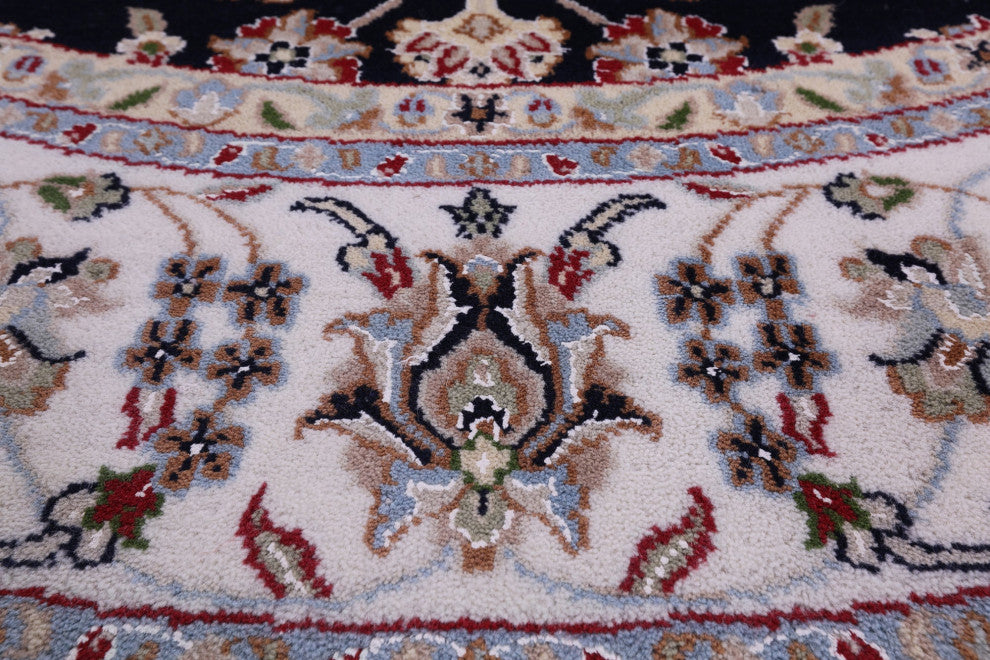 7' Round Persian Nain Wool & Silk Handmade Rug - Q14719