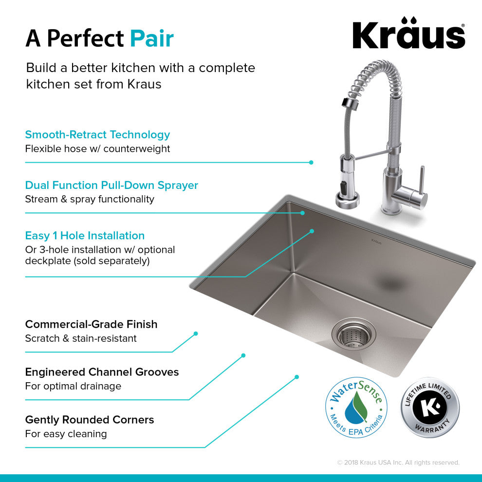 23" Undermount Stainless Steel Kitchen Sink, Pull-Down Faucet CH, Dispenser