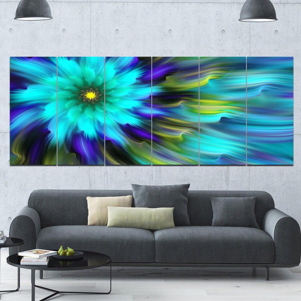 Massive Blue Green Fractal Flower, Floral Canvas Art Print, 70"x28", 6 Panels