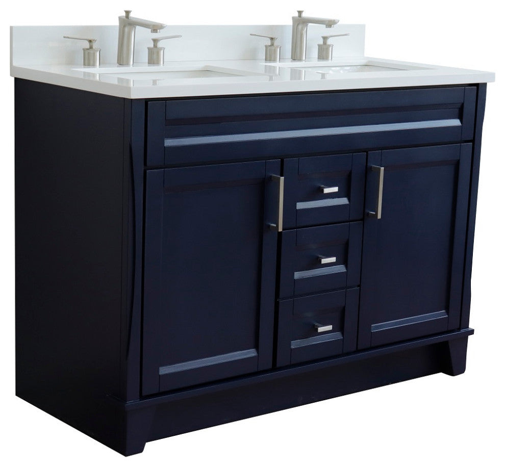 48" Double Sink Vanity, Blue Finish With Engineered Stone Top And Rectangle Sink