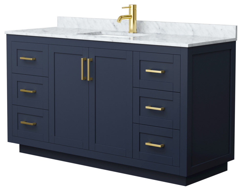 60" Single Bathroom Vanity Dark Blue, White Carrara Countertop, Sink, Gold Trim