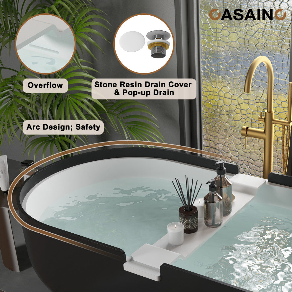 67in White Solid Surface Freestanding Soaking Bathtub with Drain, 71in