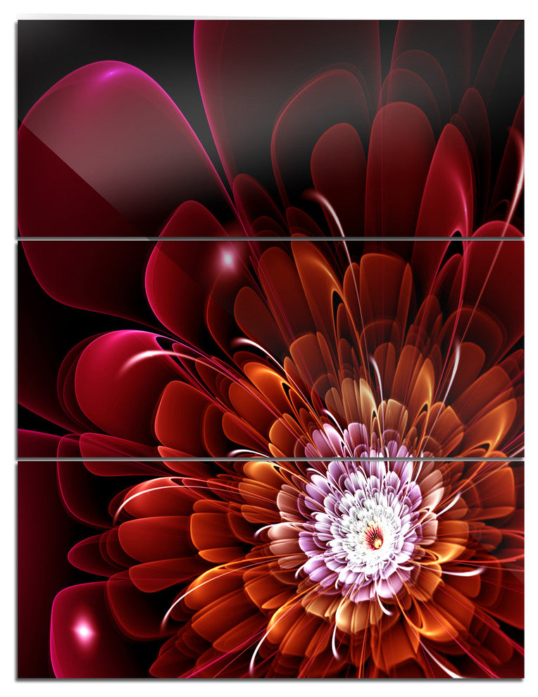 "Fractal Red and Yellow Flower" Digital Metal Wall Art, 3 Panels, 28"x36"