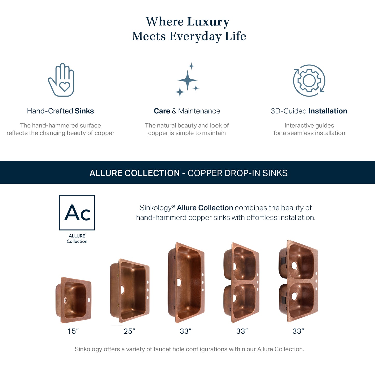 Santi 33" Drop-in Copper Double Bowl Kitchen Sink, 1-Hole