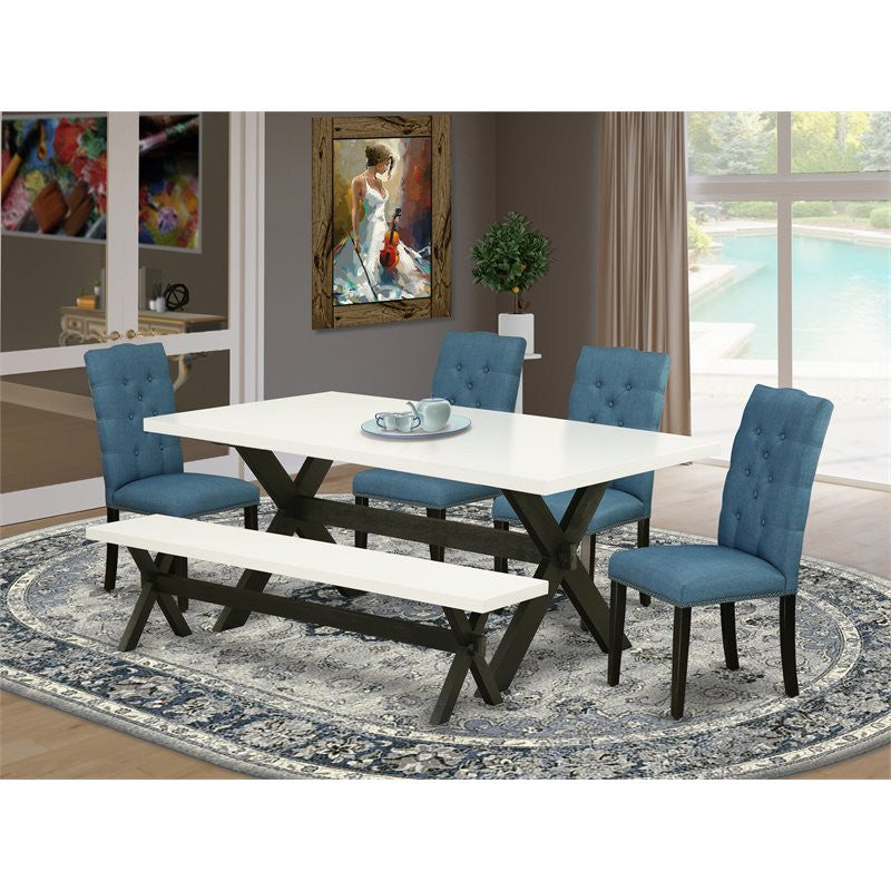 6-Piece Set Linen White, Table and Linen White, Bench and 4 Chairs, Black