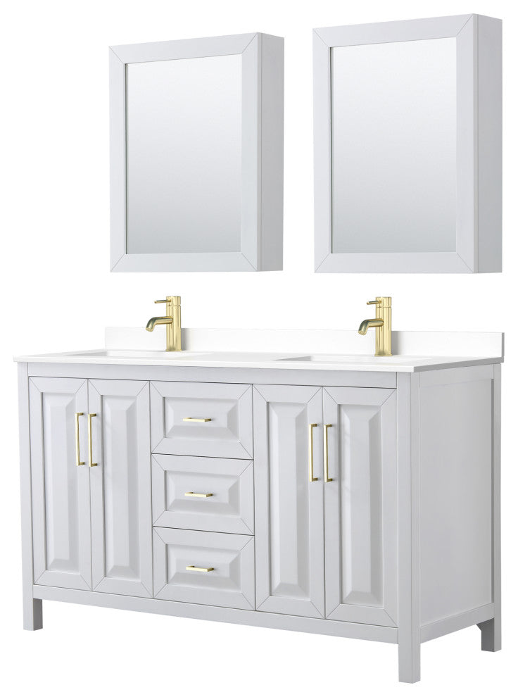 60"DBL Vanity White, White Cult. Marble Top, Sinks, Med. Cabinets, Gold Trim