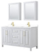 60"DBL Vanity White, White Cult. Marble Top, Sinks, Med. Cabinets, Gold Trim