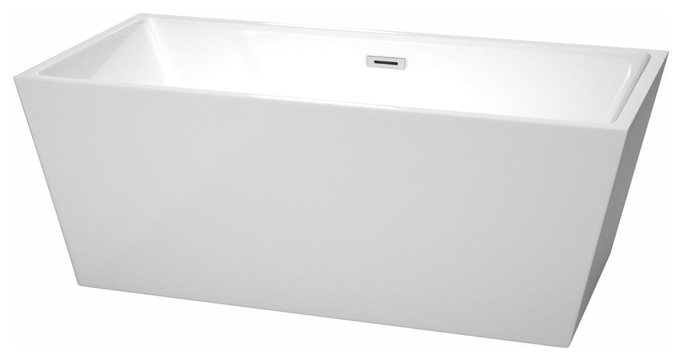 Sara 63" Freestanding White Bathtub, Polished Chrome Drain and Overflow Trim