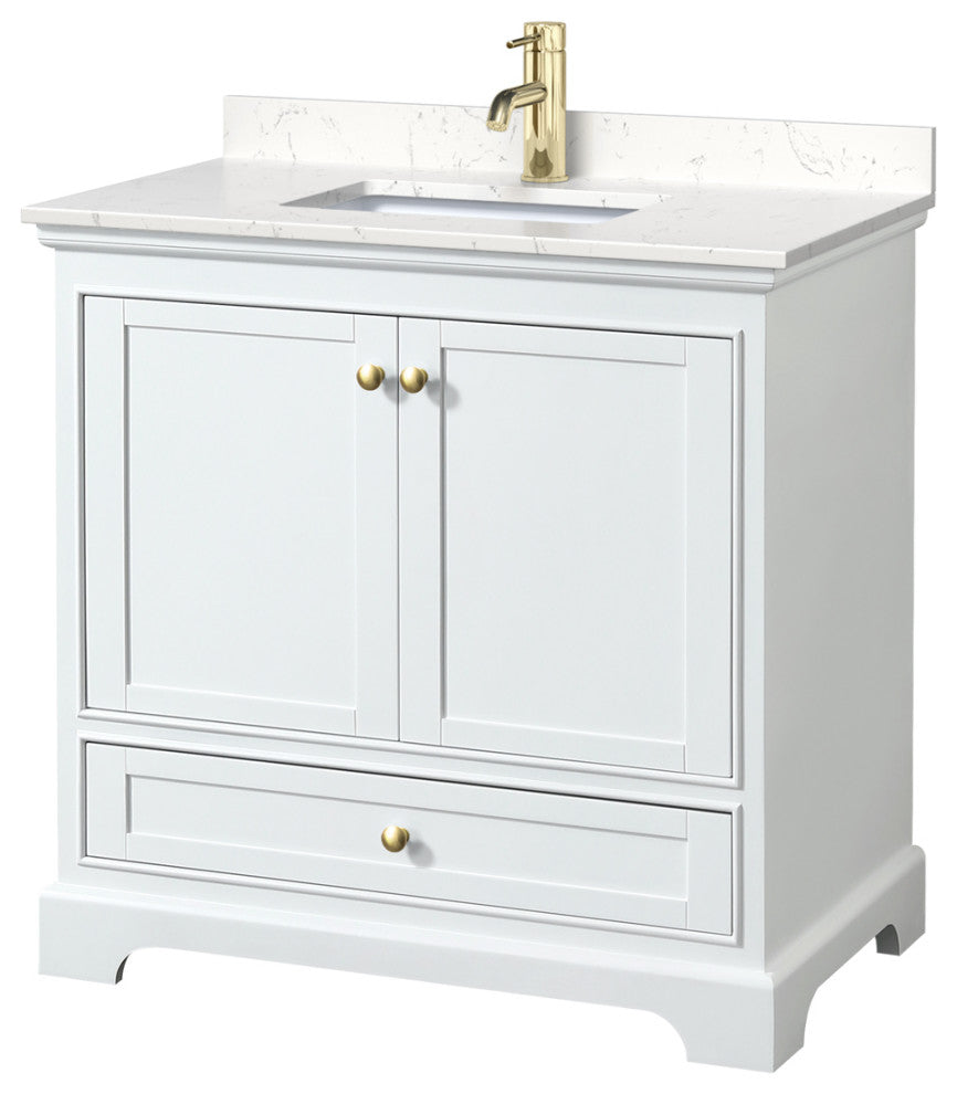 36" Single Bath Vanity White, Carrara Cult. Marble Countertop, Sink, Gold Trim