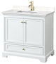 36" Single Bath Vanity White, Carrara Cult. Marble Countertop, Sink, Gold Trim