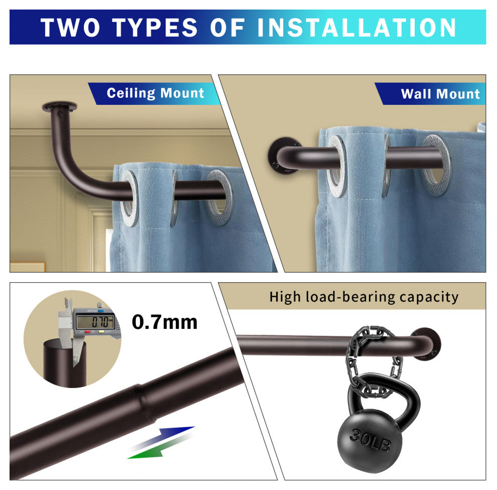 Energy Saving Wrap Around Black Out Return Adjustable Window Curtain Metal Rod, Bronze, 32-52"