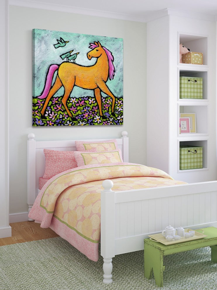 "Bluebirds on Yellow Horse" by Janet Nelson Painting on Wrapped Canvas, 48x48