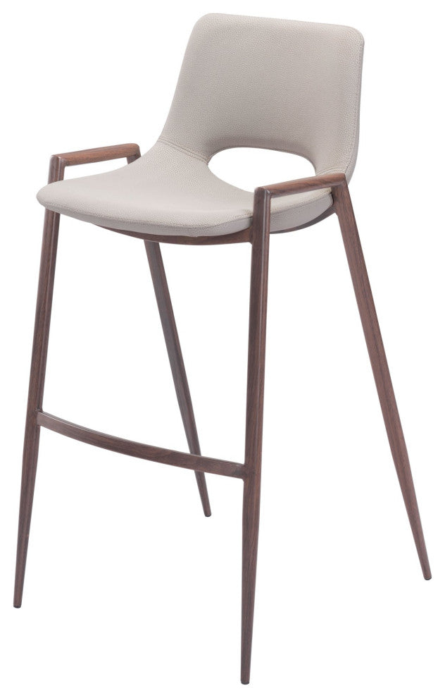 Bar Stool Chair Barstool, Set of 2, Faux Vinyl Leather, Steel, Beige, Walnut