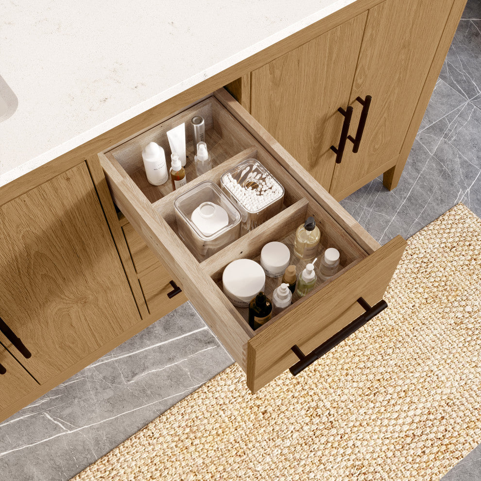 Vienna 60" Double Vanity With With Power Bar and Drawer Organizer, White Oak
