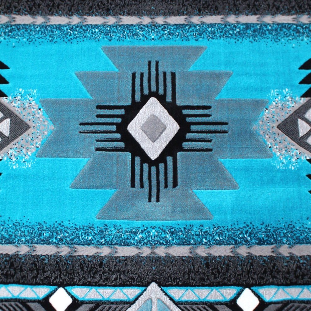 Angie Collection Round 5' x 5' Turquoise Traditional Southwestern Style Area Rug
