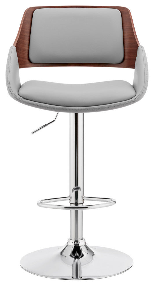Colby Adjustable Faux Leather and Metal Bar Stool, Gray and Chrome