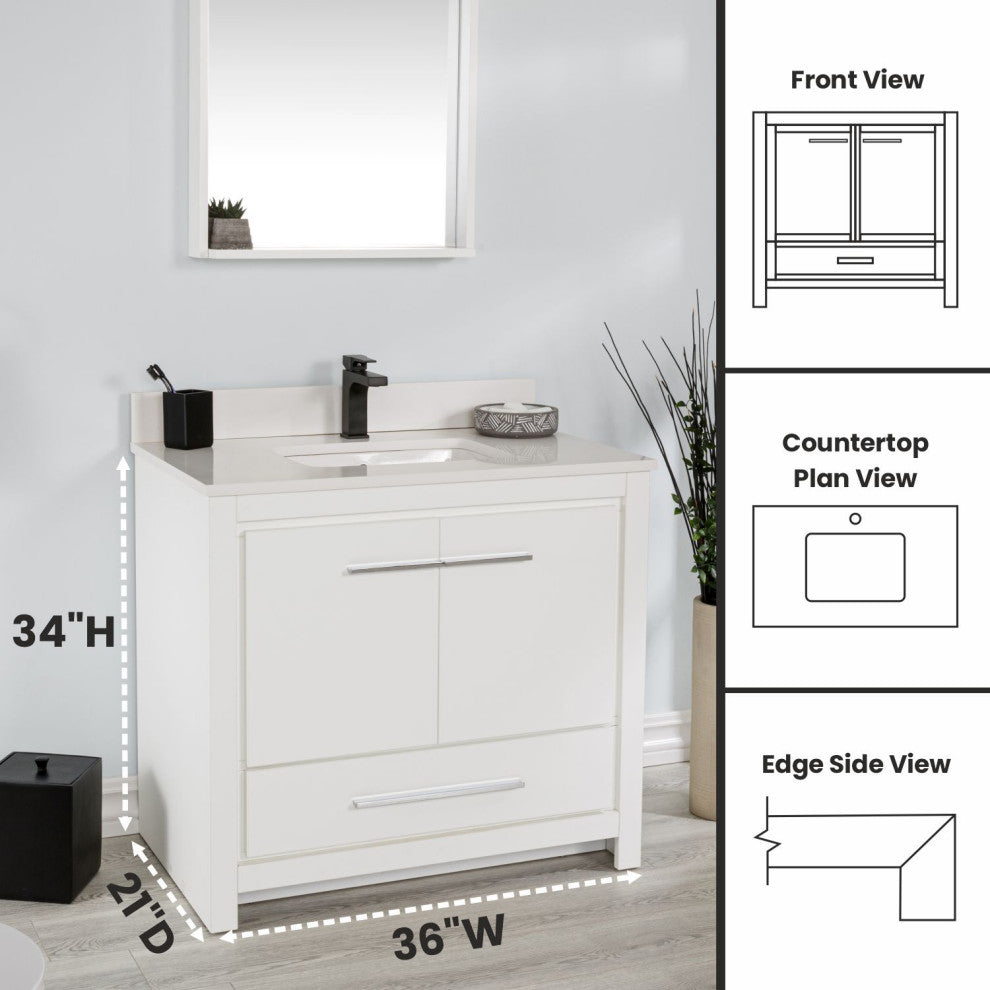 Mila Collection 36" Bathroom Vanity With Sink, Mirror, Countertop, Snow White