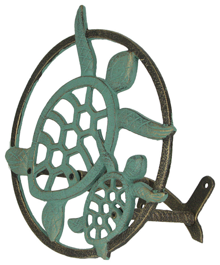 Verdigris Bronze Finish Cast Iron Sea Turtle Wall Mounted Garden Hose Holder
