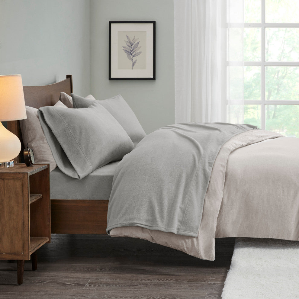 True North by Sleep Philosophy Knitted Micro Fleece Solid Sheet Set, Gray, Twin