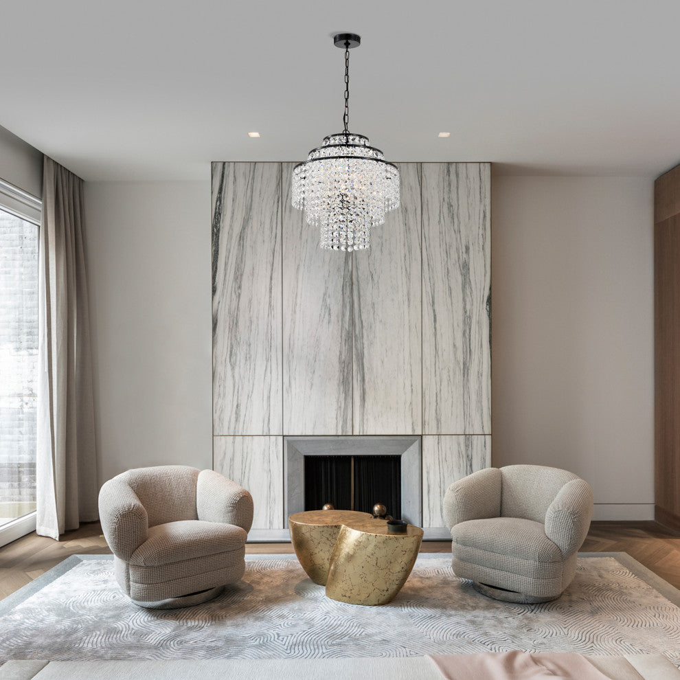 4-Light Antique Black Modern Glam Chandelier With Tier Cascading Crystals