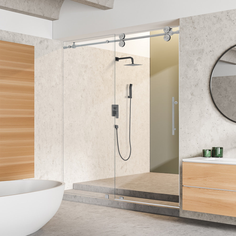 Lazaro Single Sliding Frameless Shower Door, Clear, Brushed Nickel, 56"wx78"h