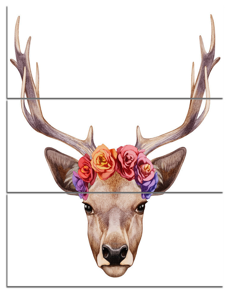 "Designart-Deer Portrait With Floral Head" Metal Wall Art, 3 Panels, 28"x36"