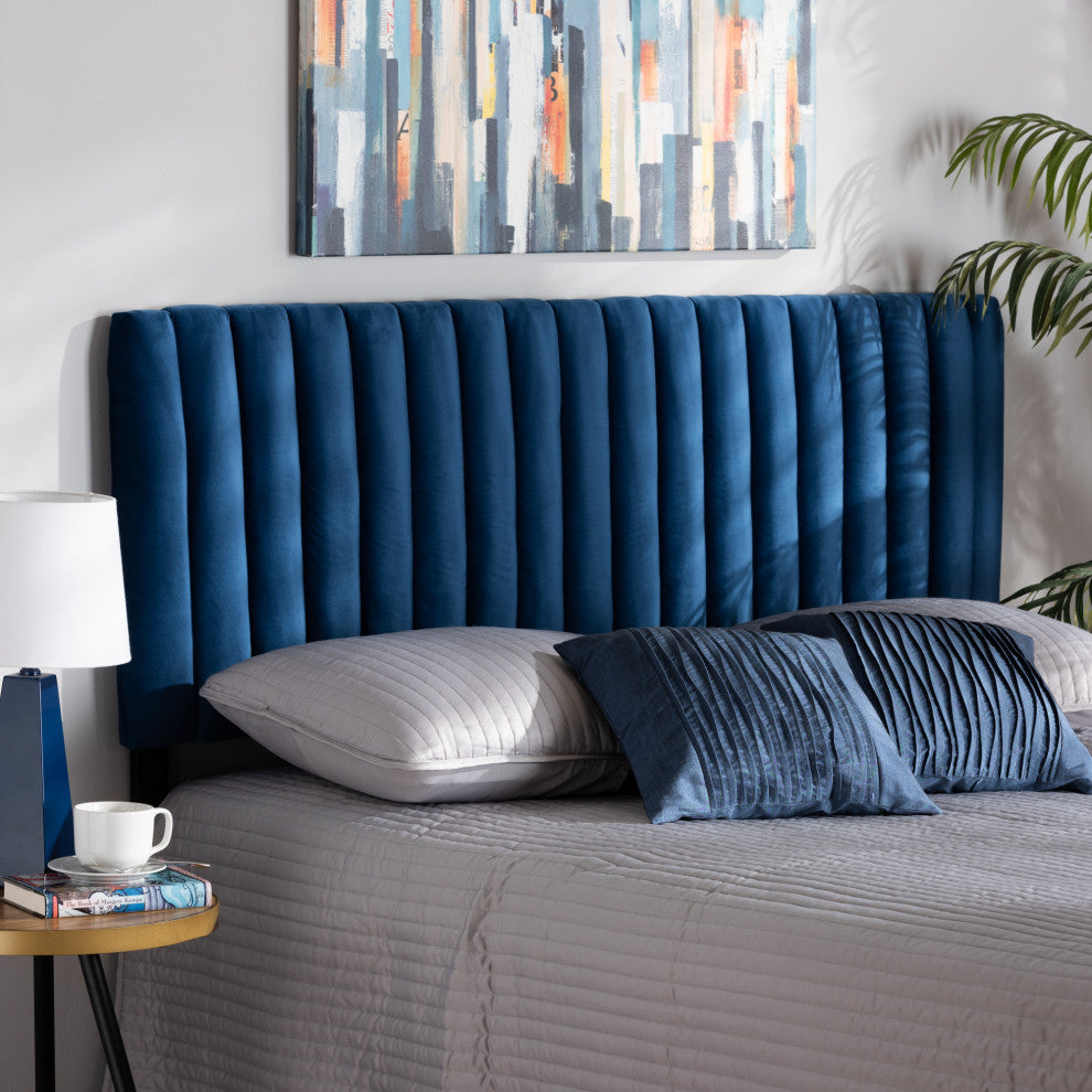 Jareth Modern Navy Blue Velvet Upholstered Queen Size Headboard