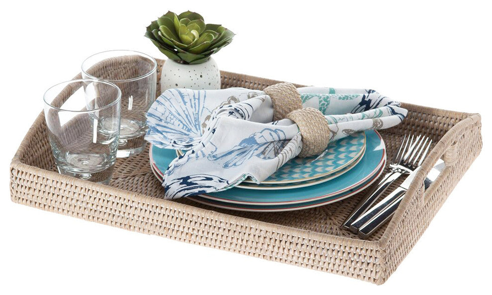 La Jolla Rattan Rectangular Serving Tray, White-Wash