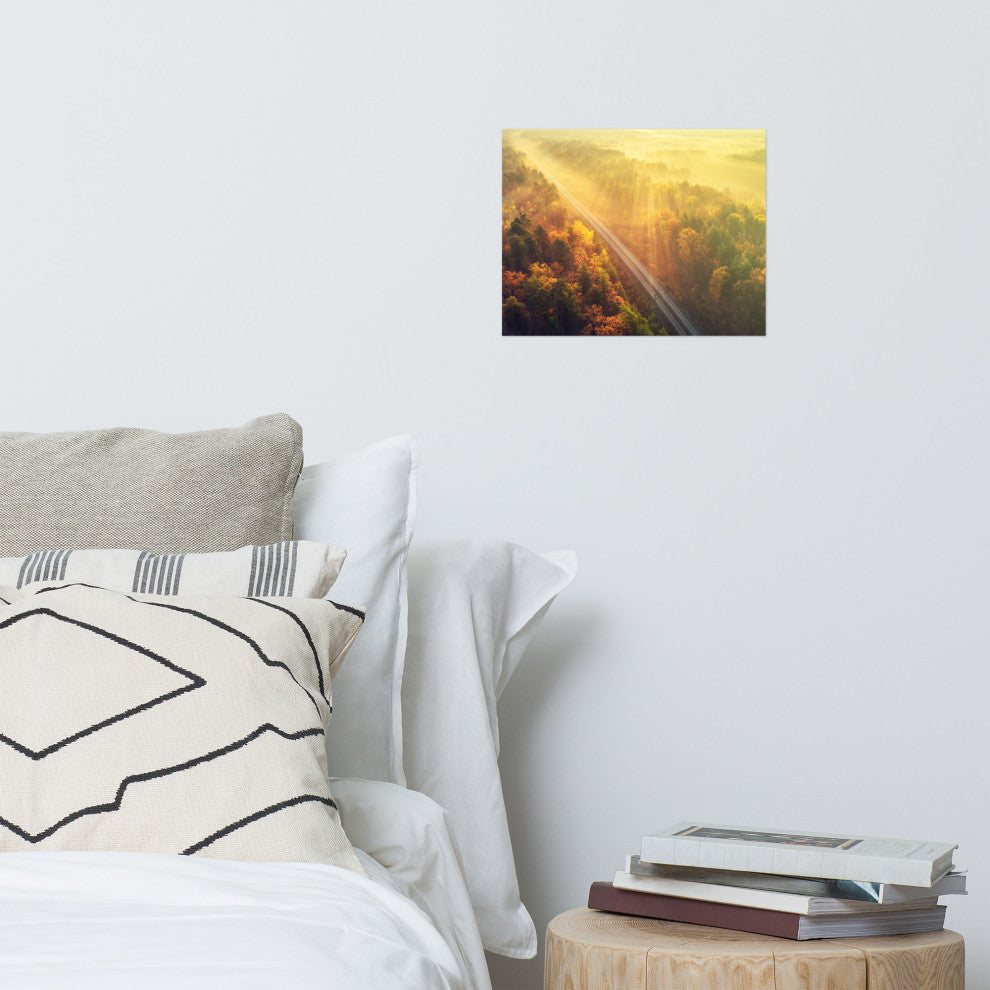 Sunrise Railroad Though Misty Forest Landscape Photo Loose Wall Art Prints, 11" X 14"