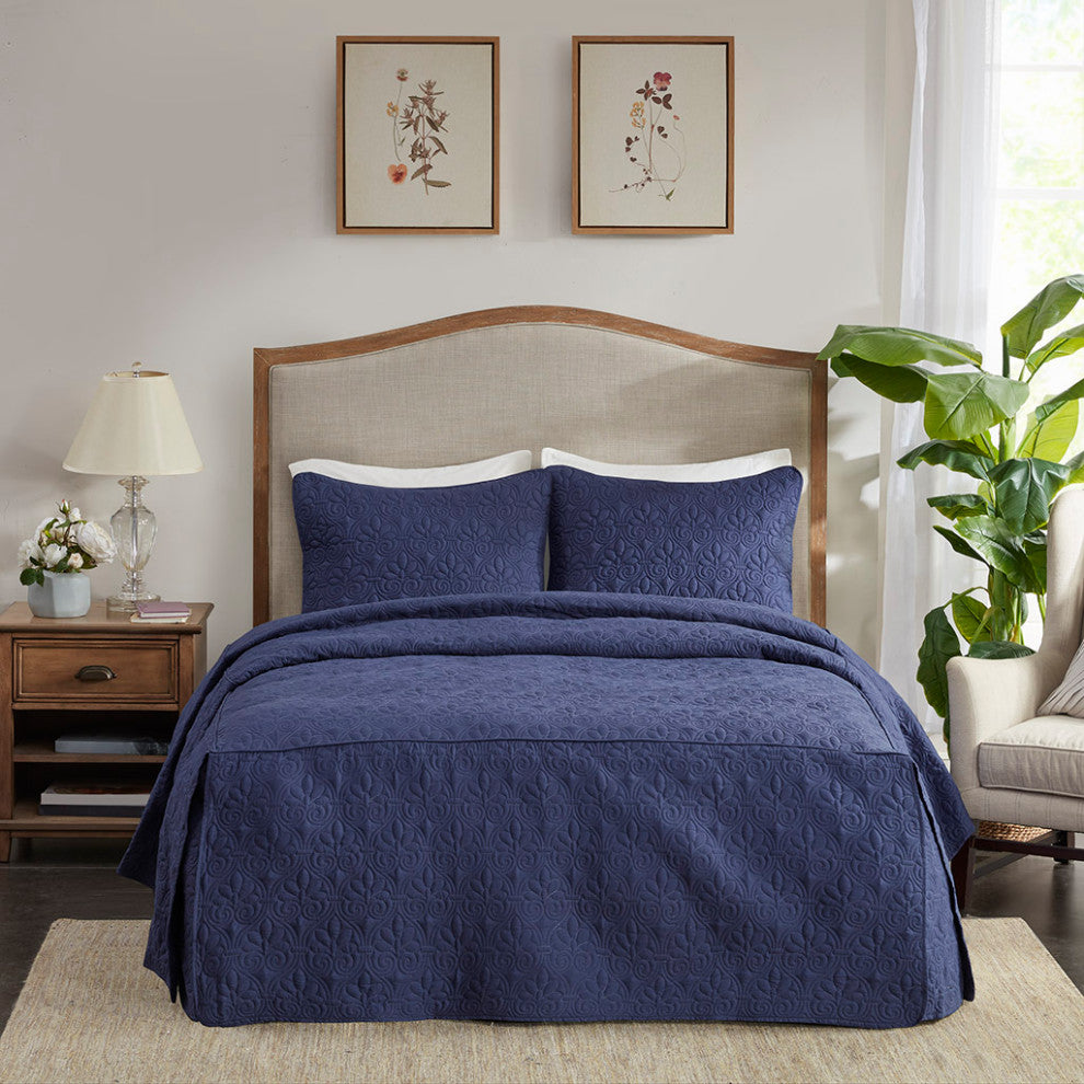 Madison Park Quebec 3 Piece Fitted Bedspread Set, Navy