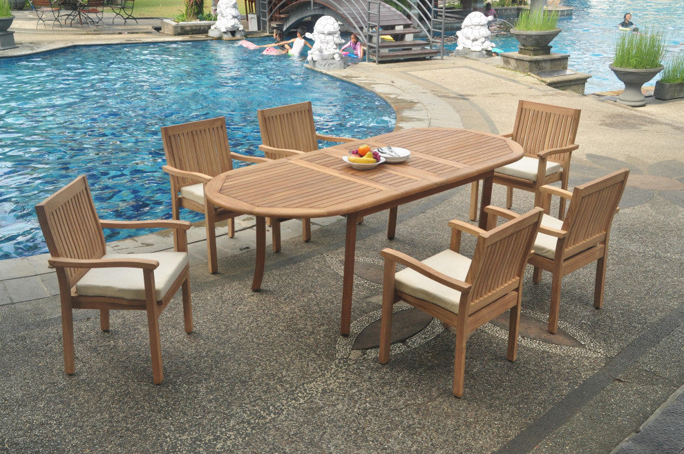 7-Piece Outdoor Teak Dining Set: 94" Oval Table, 6 Leveb Stacking Arm Chairs