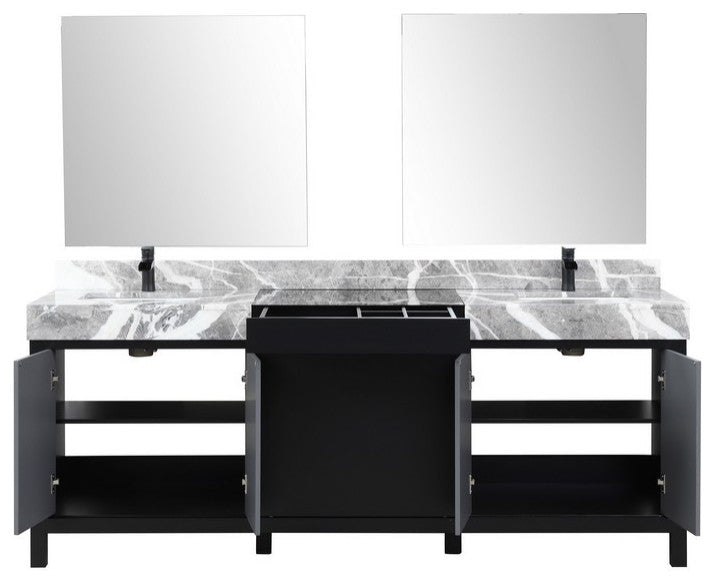 Zilara Black and Grey 84" Double Vanity Set, Cascata Nera Matte Black Faucet Set