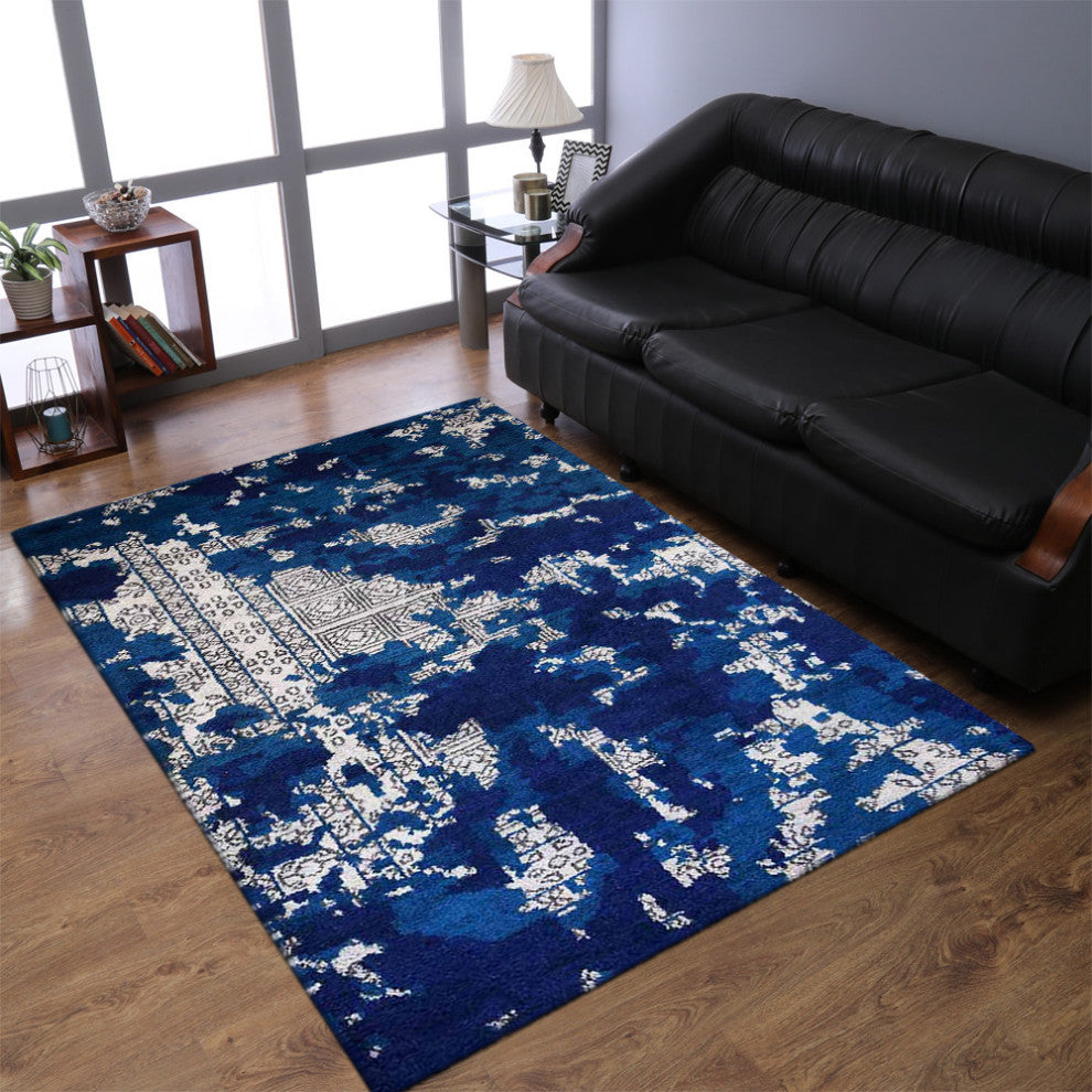 Hand Knotted Silk Area Rug Abstract Blue Beige