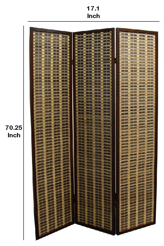 Benzara BM96148 Bamboo and Wood Two Tone 3 Panel Room Divider, Dark Brown