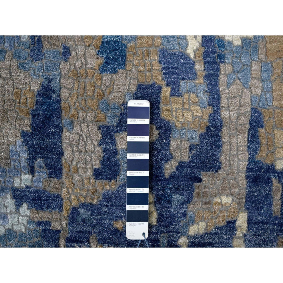 Blue, Mosaic Design, Wool and Silk, Hand Knotted, Oversized Rug, 13'9"x17'9"