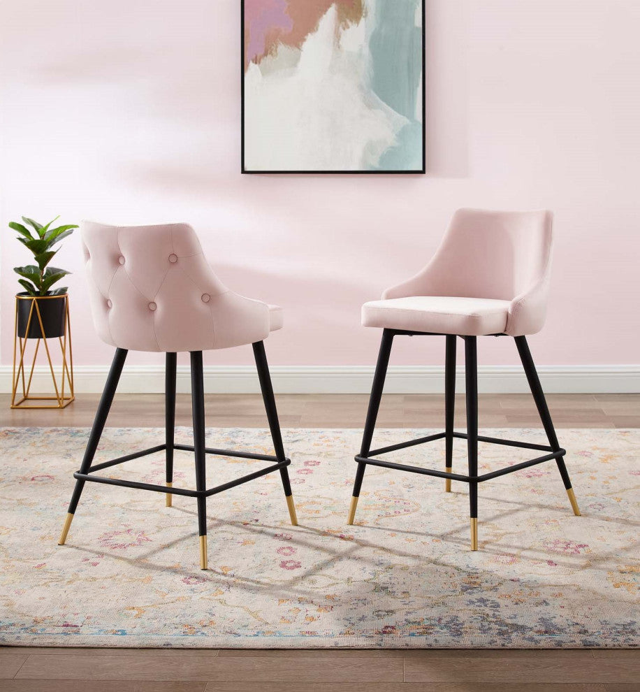 Counter Stool Chair, Set of 2, Velvet, Pink, Modern, Bar Cafe Bistro Restaurant
