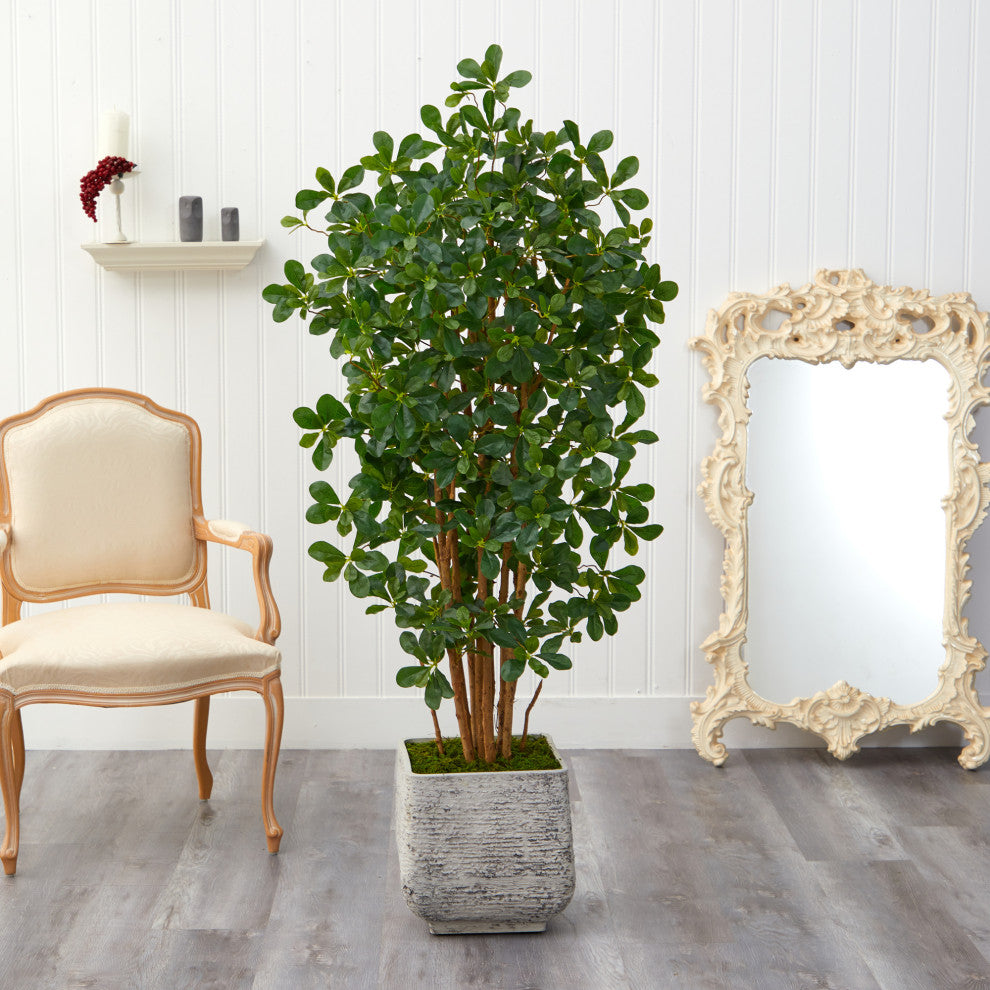 67" Black Olive Artificial Tree With 1365 Bendable Leaves, White Planter