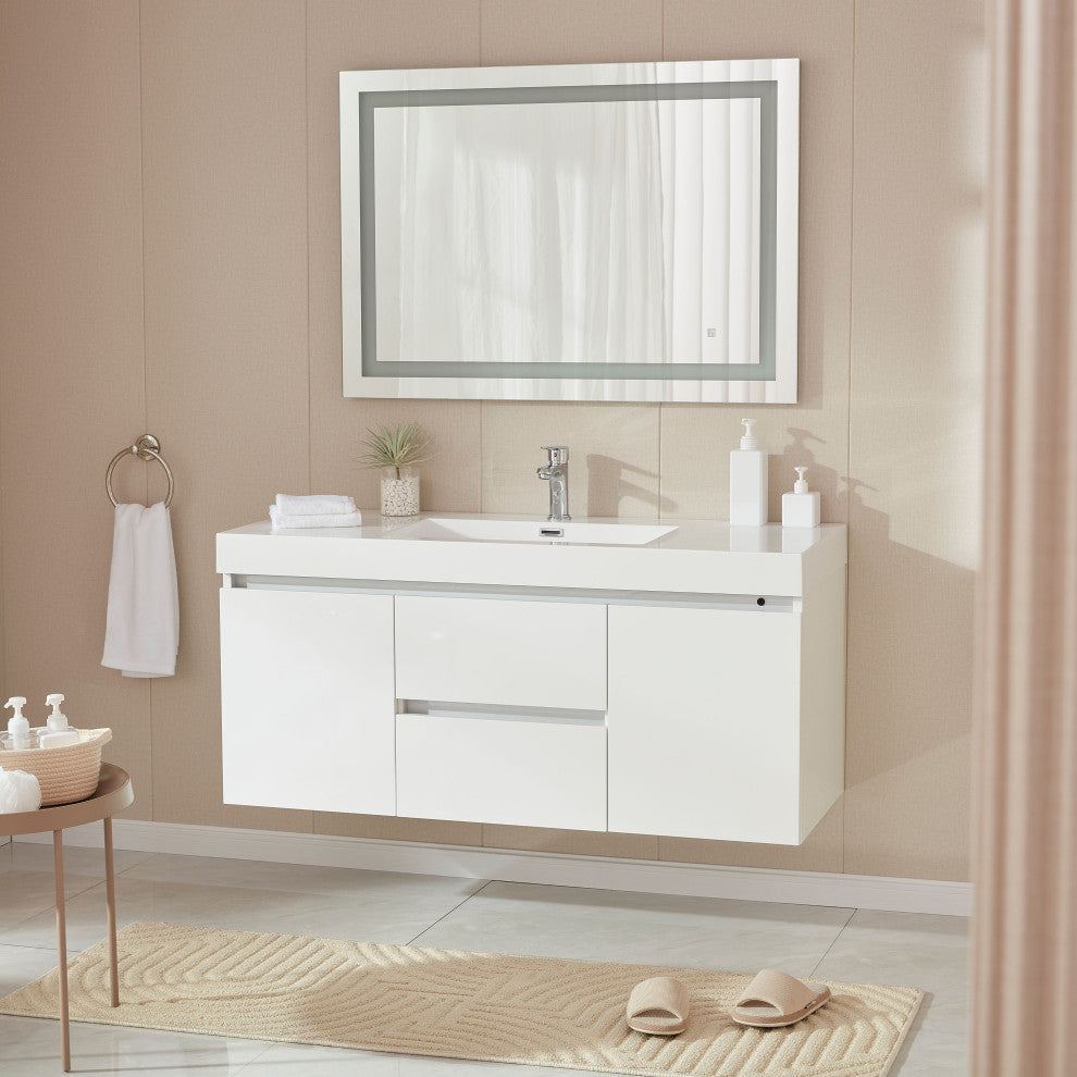 Vanity Art Wall-Hung Single-Sink Bathroom Vanity With Resin Top, 48"