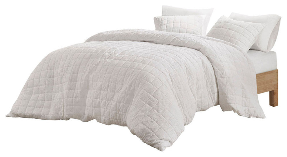 N Natori Cocoon Crushed Microfiber Quilted Comforter/Duvet Cover Set, White, Ful