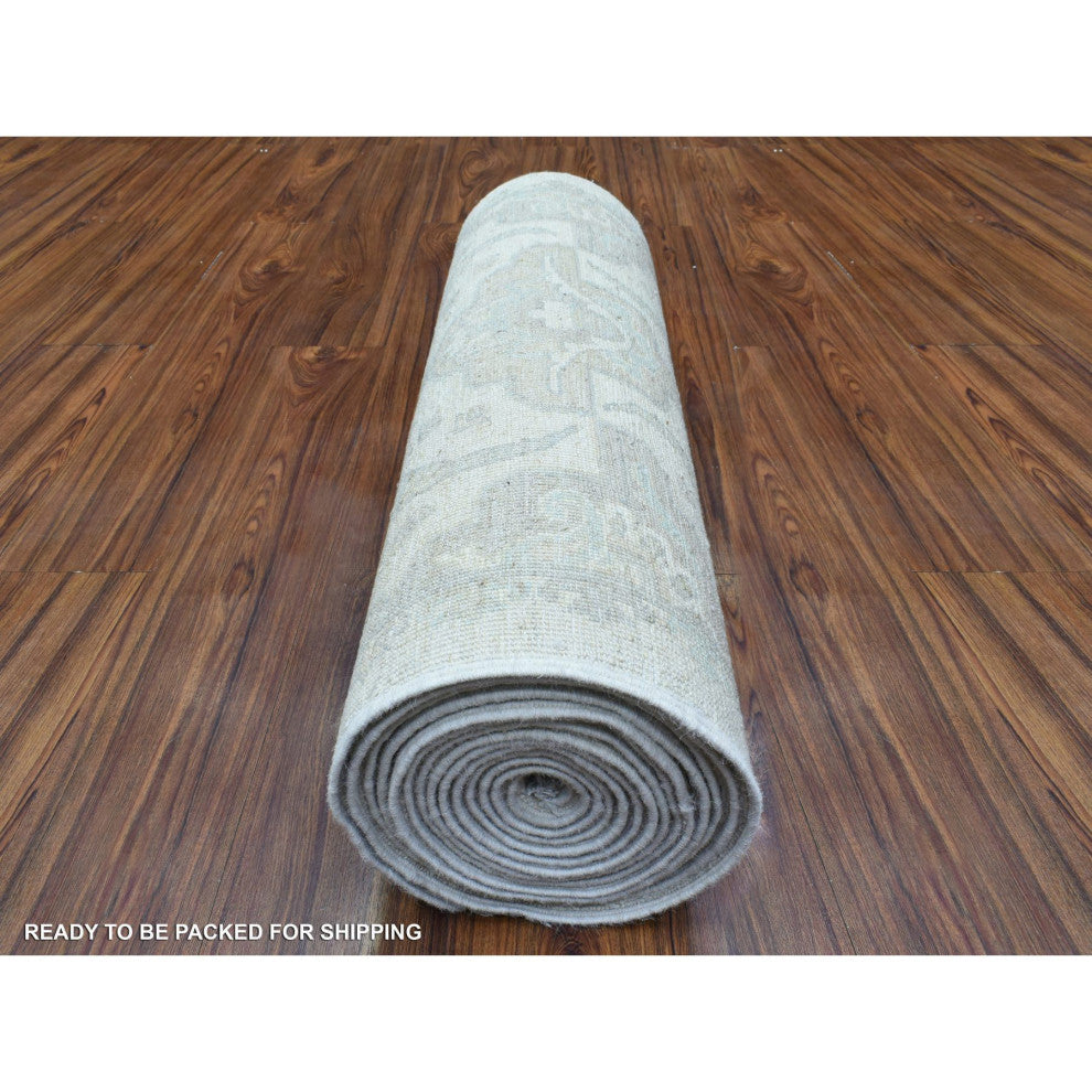 Ivory, Soft Wool Hand Knotted, White Wash Peshawar XL Runner Rug, 2'6"x19'4"