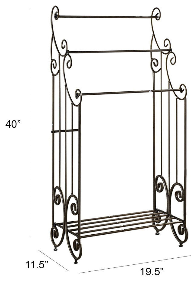 Benzara Free Standing Three Bar Towel Rack Stand With Shelf, Black