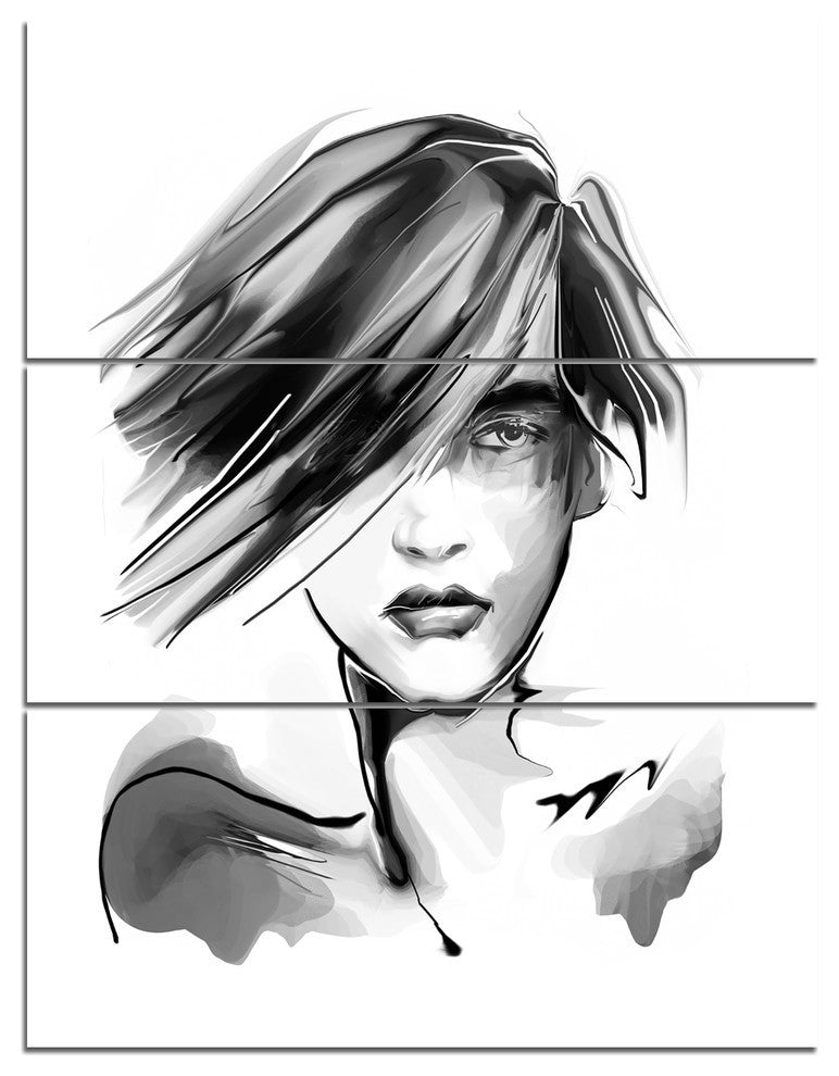 "Young Woman Black White" Digital Metal Wall Art, 3 Panels, 28"x36"