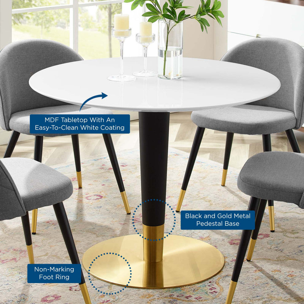 Dining Table, Round, Wood, Metal, Gold White, Modern, Cafe Bistro Restaurant