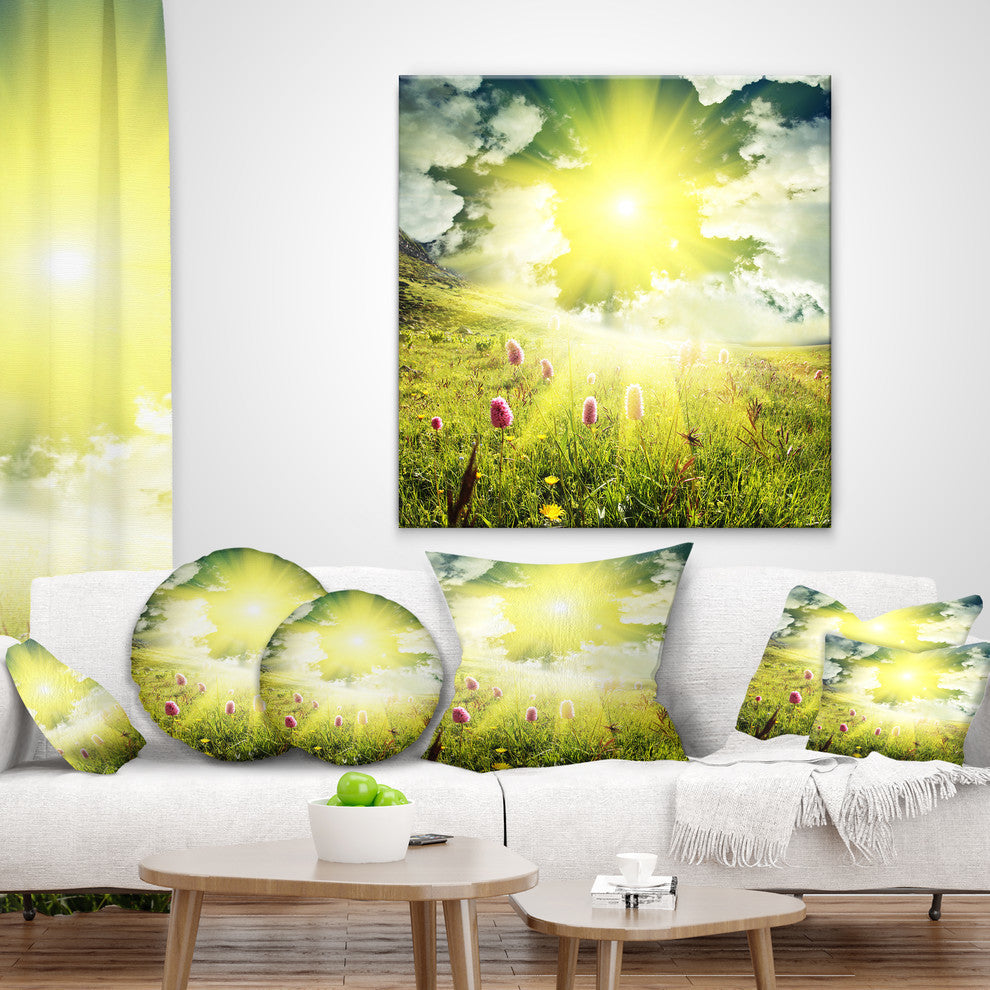 Mountains Pasture Under Bright Sunset Landscape Printed Throw Pillow, 18"x18"